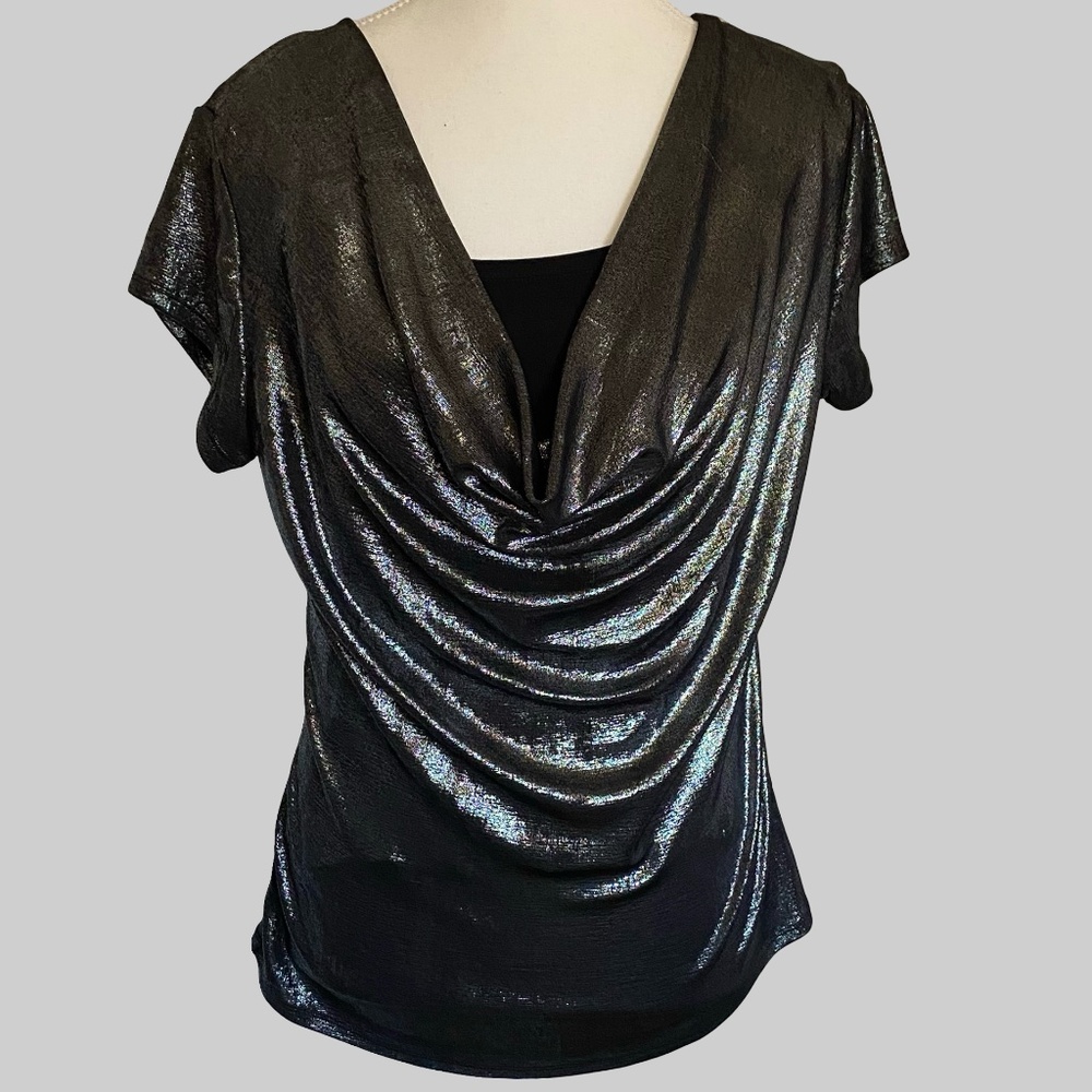 Clientele Vintage Shiny Silver Metallic Cowl Neck Cap Sleeve Holiday Party Top-M